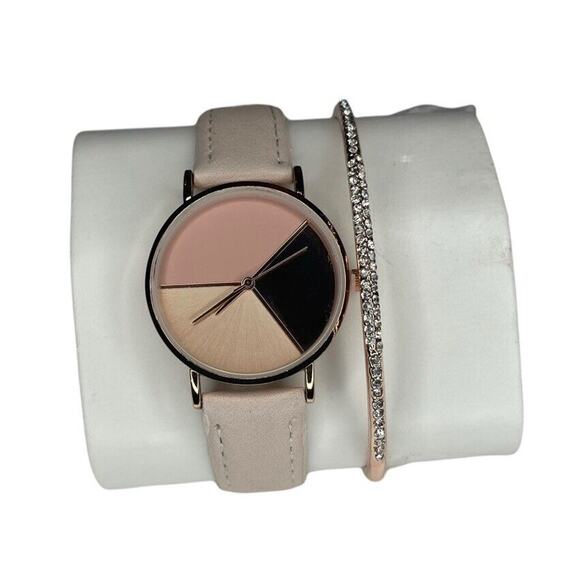 Gold Tone Crystal Watch Bracelet (2pc Set) Faux Leather Strap Trendy Stylish NWT main image 4